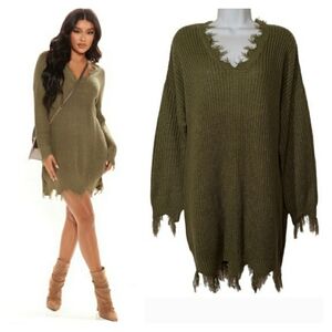FASHION NOVA Distressed Olive Green Knit Long Sleeve Sweater Dress Large
